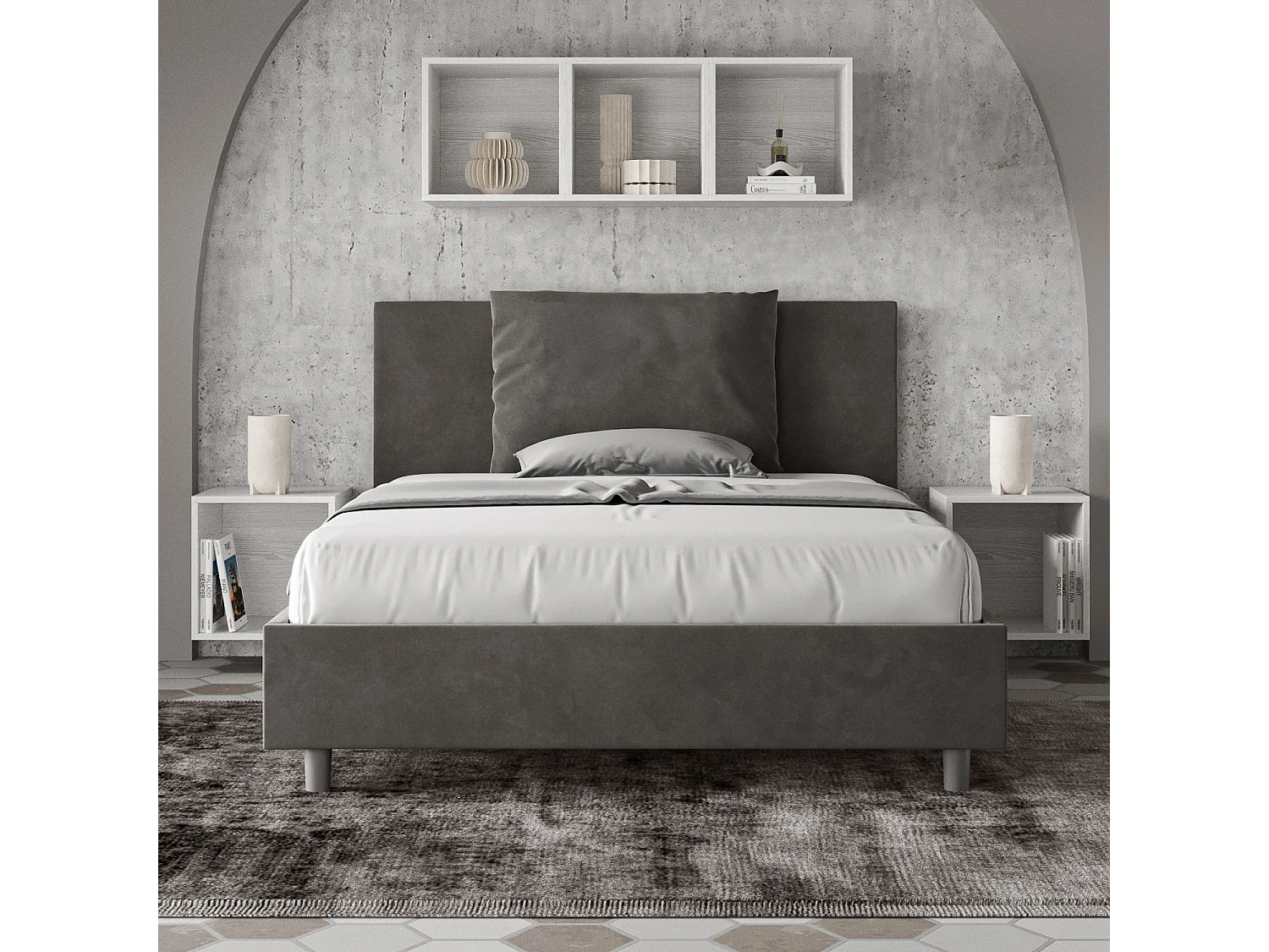 Lit double coffre rembourré 140x200 microfibre gris Antea