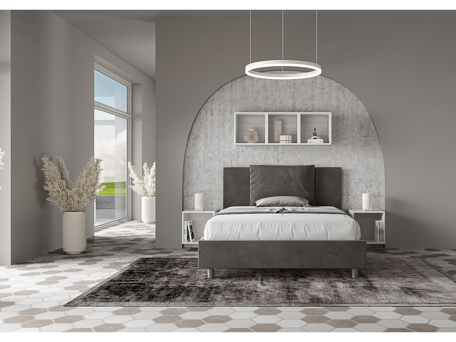 Lit double coffre rembourré 140x200 microfibre gris Antea