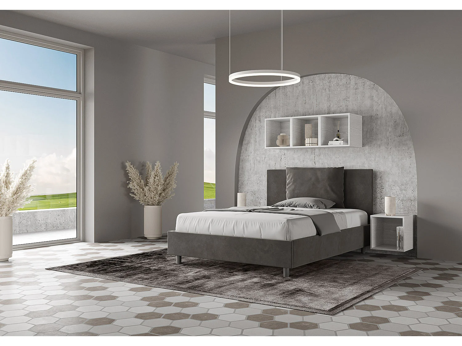 Lit double coffre rembourré 140x200 microfibre gris Antea