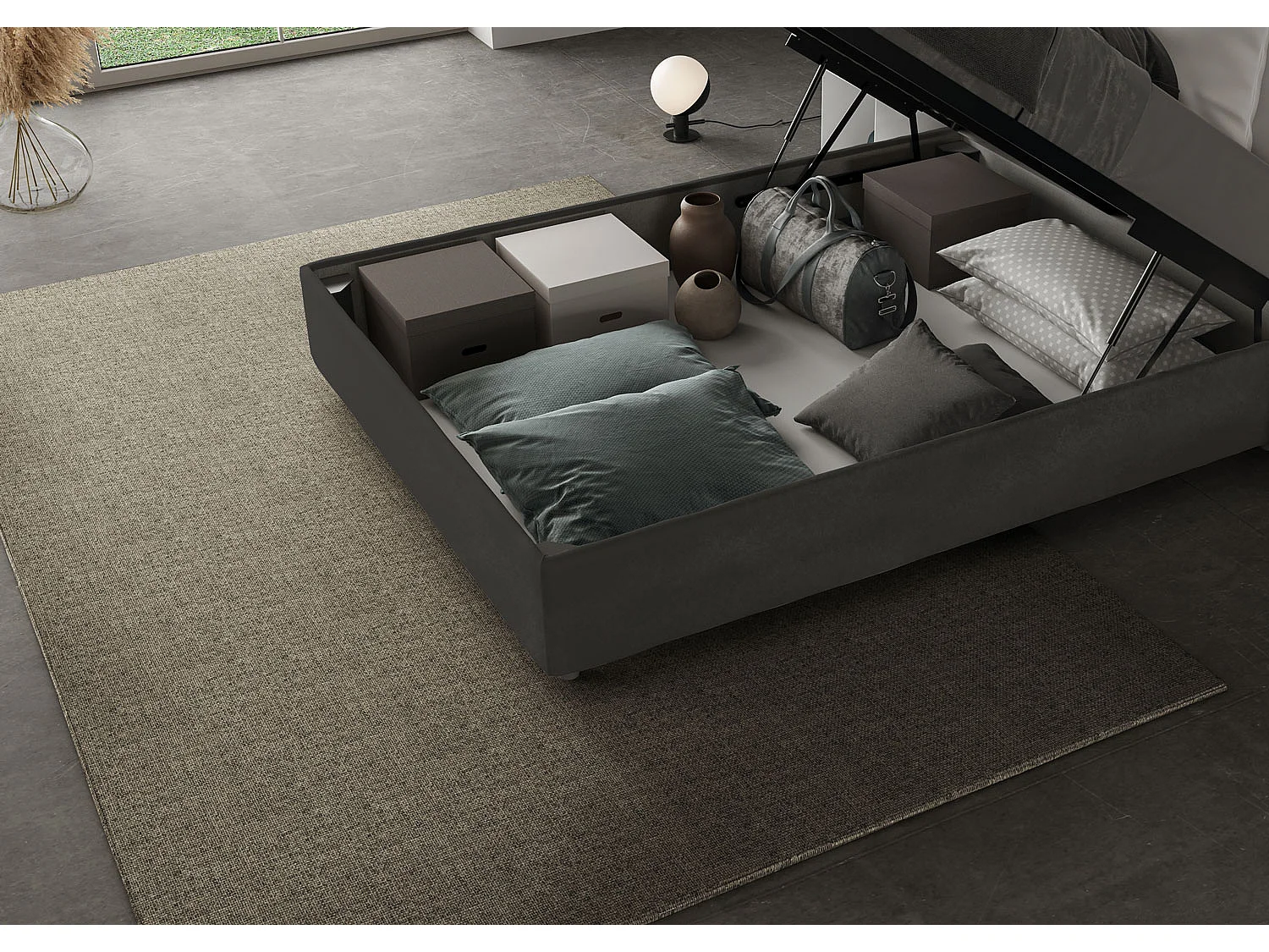 Lit double coffre rembourré 140x200 microfibre gris Antea