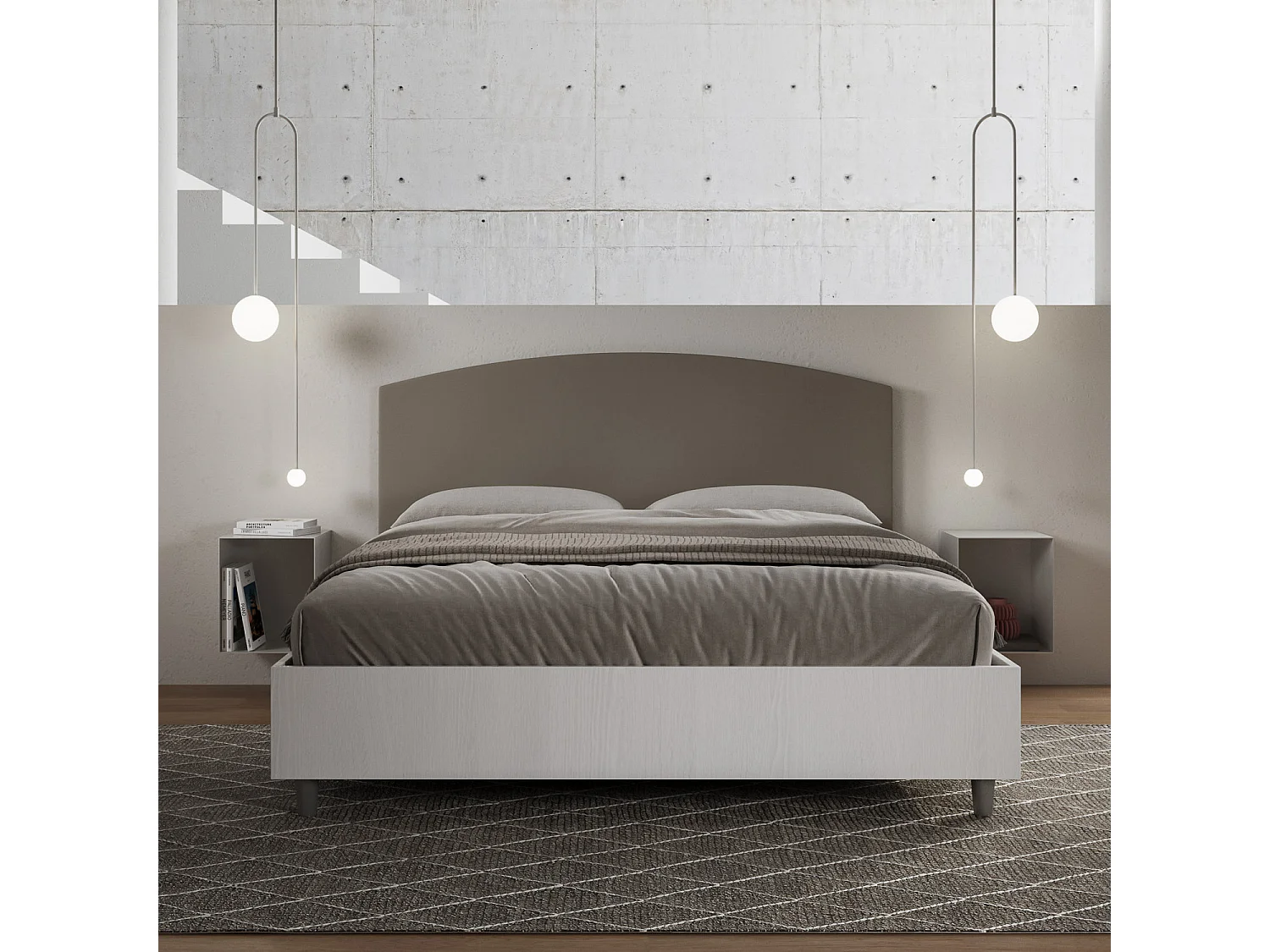Lit coffre 160x200 structure frêne blanc tête de lit similicuir cappuccino Antilia