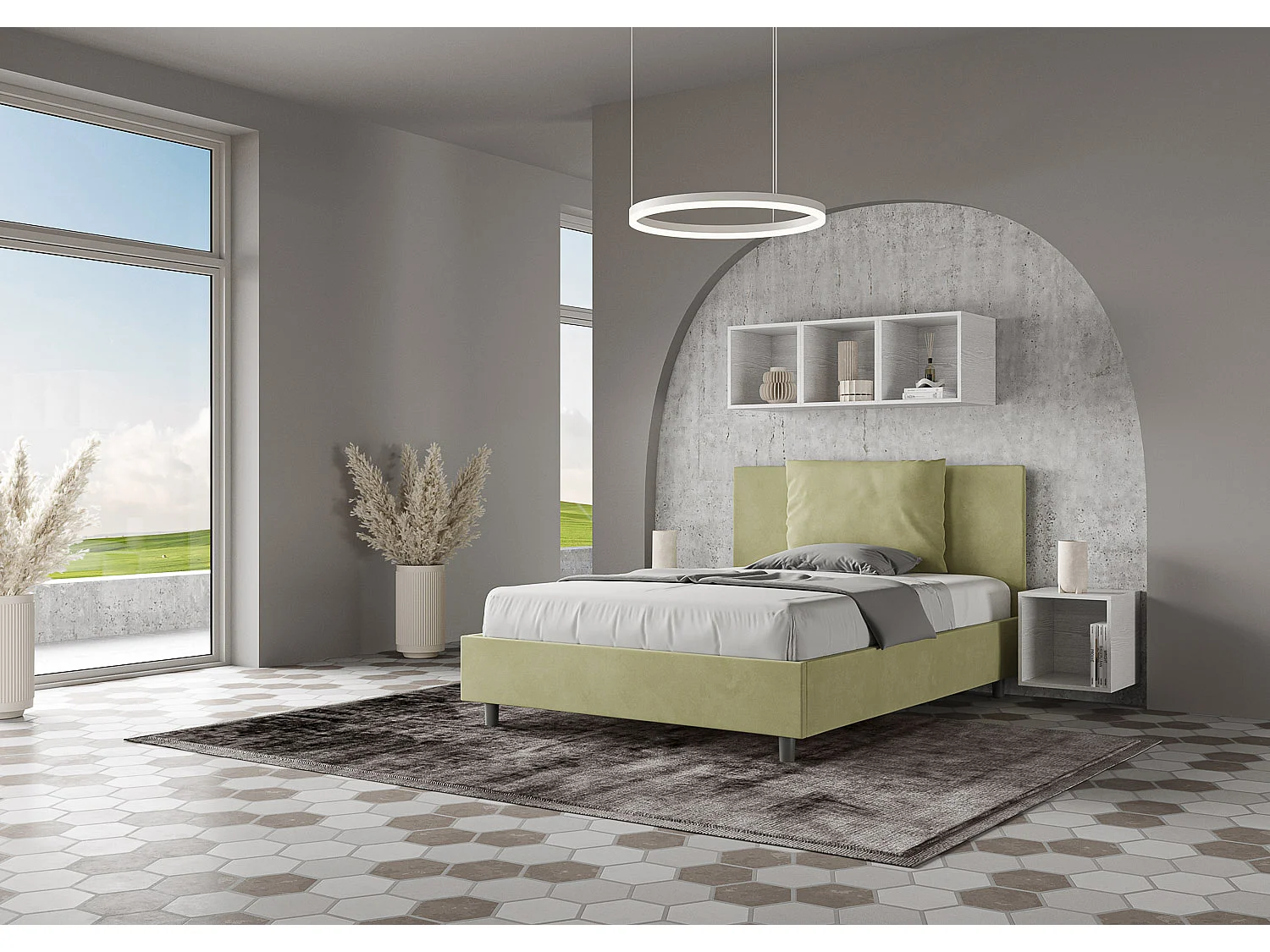 Gepolstertes Bett mit Bettkasten 140x210 mit Mikrofaserbezug Grün Antea