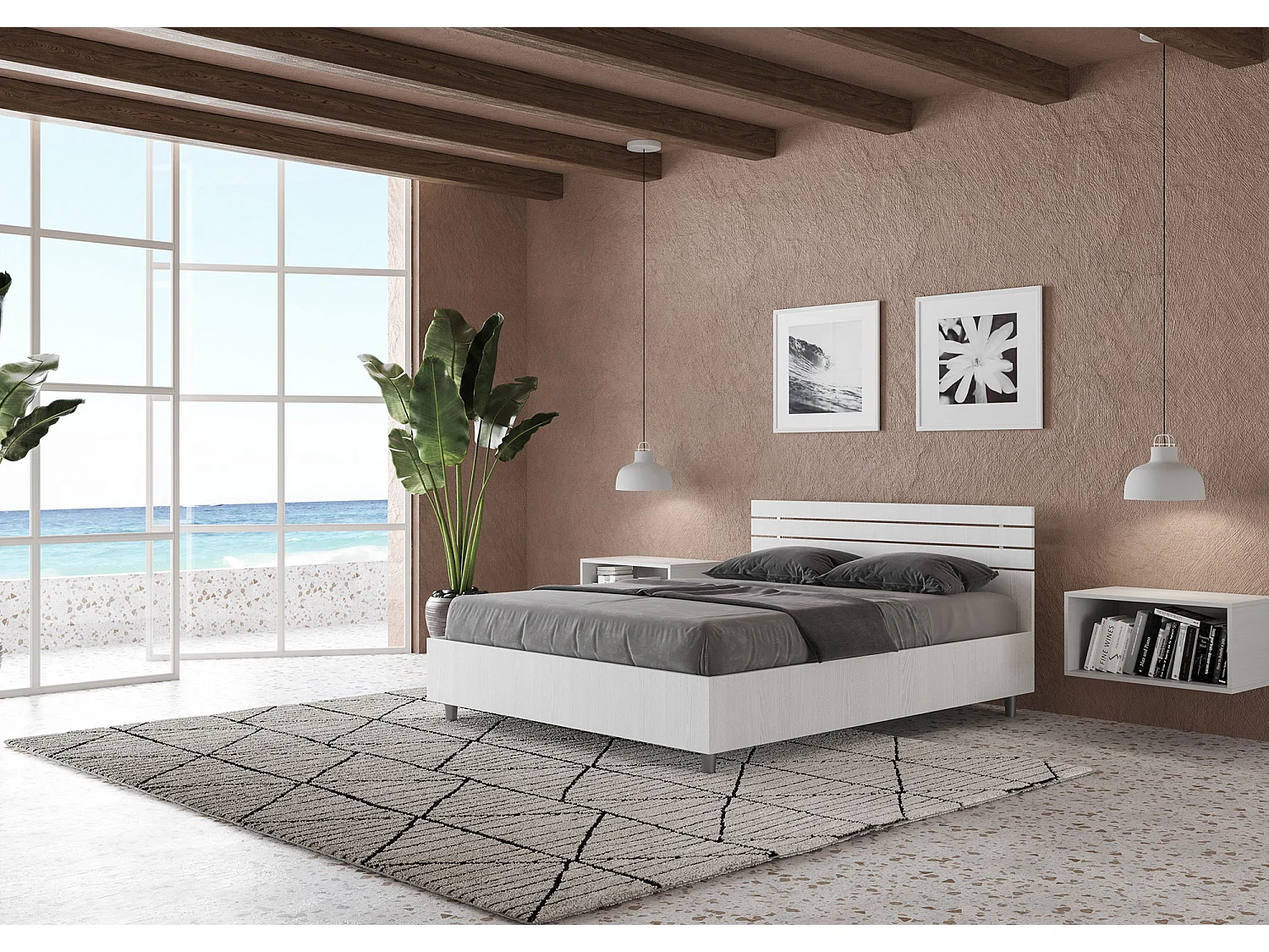 Lit double coffre 140x200 tête de lit droite avec des lames frêne blanc Ankel