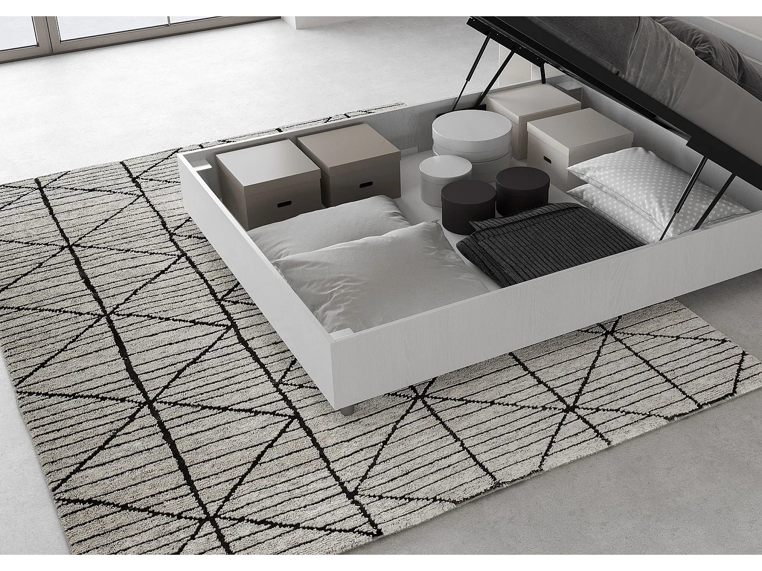 Lit double coffre 140x200 tête de lit droite avec des lames frêne blanc Ankel