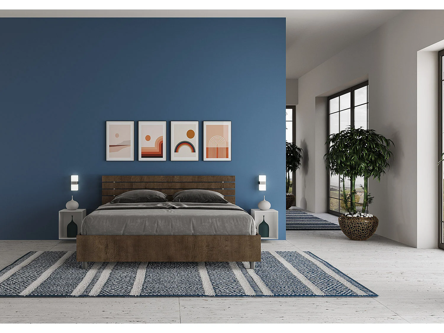 Cama de armazenamento 160x200 cabeceira reta com ripas de nogueira Ankel