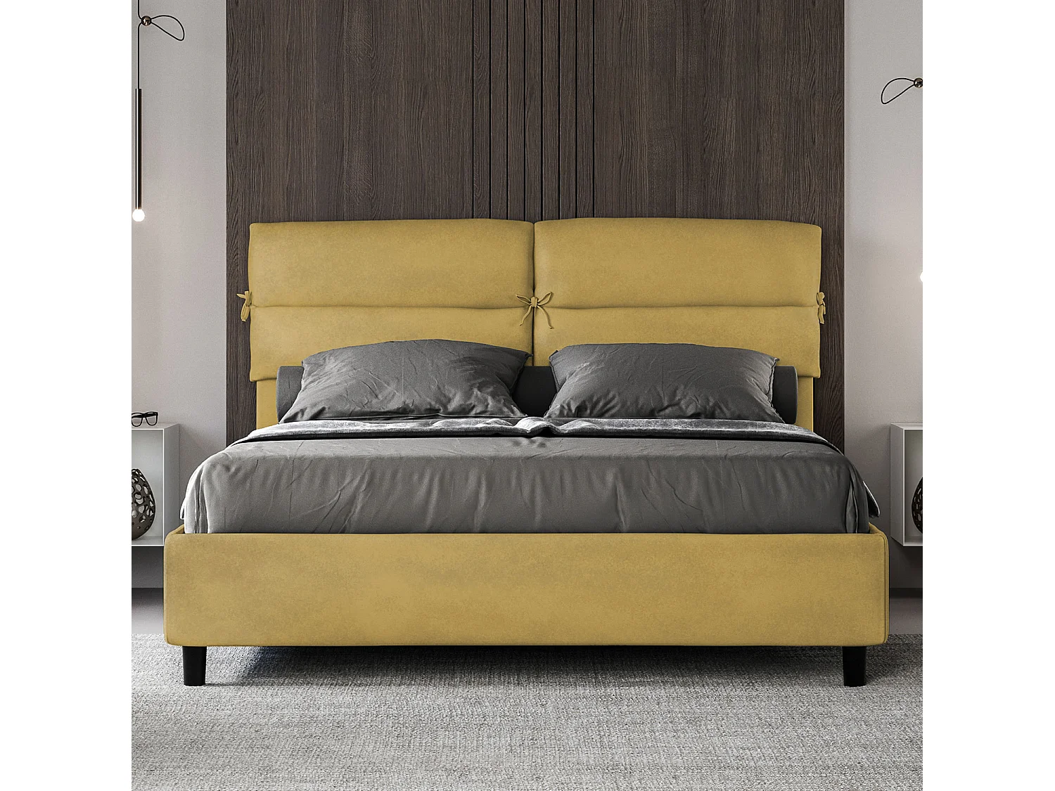 Cama de armazenamento acolchoada em microfibra ocre Nandy 160x190