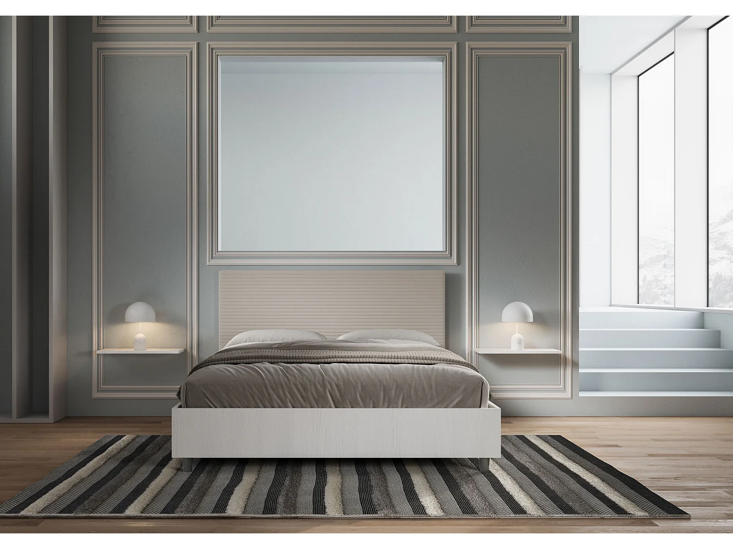 Opbergbed 160x200 witte essenstructuur met melamine/duifgrijs kunstleer hoofdbord Level