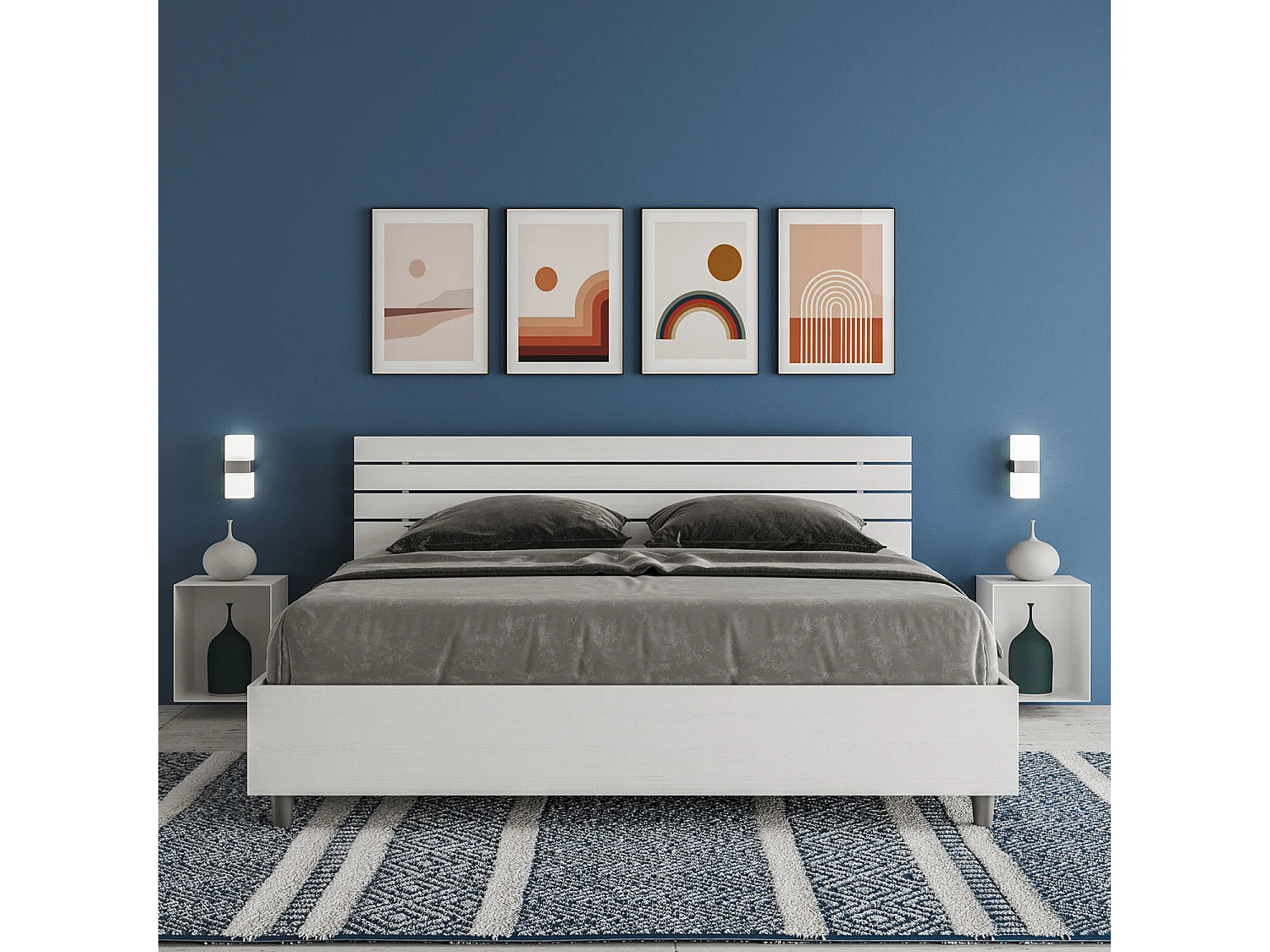 Lit coffre 160x200 tête de lit inclinée avec des lames frêne blanc Ankel