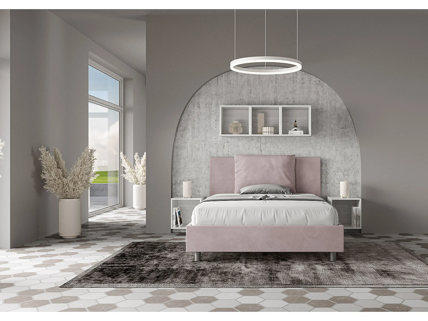 Letto contenitore imbottito 140x190 microfibra glicine Antea