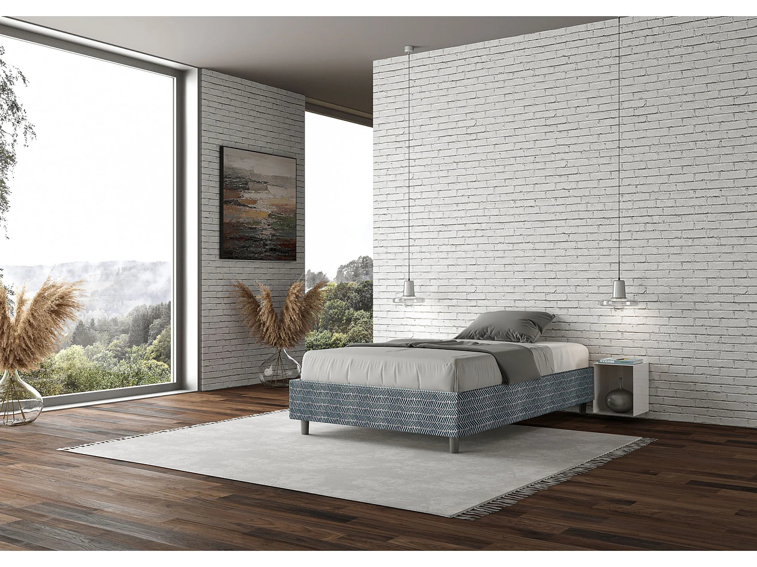 Cadre de lit 1 place et demi coffre rembourré 120x200 tissu Aragona 8 bleu Azelia