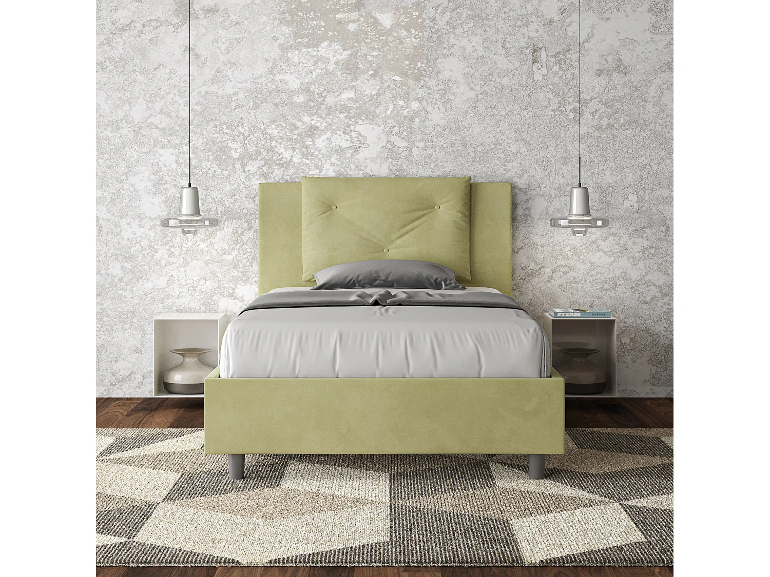 Letto una piazza e mezza contenitore imbottito 120x200 microfibra tè verde Appia