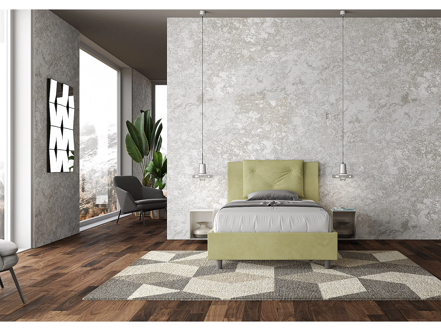 Letto una piazza e mezza contenitore imbottito 120x200 microfibra tè verde Appia