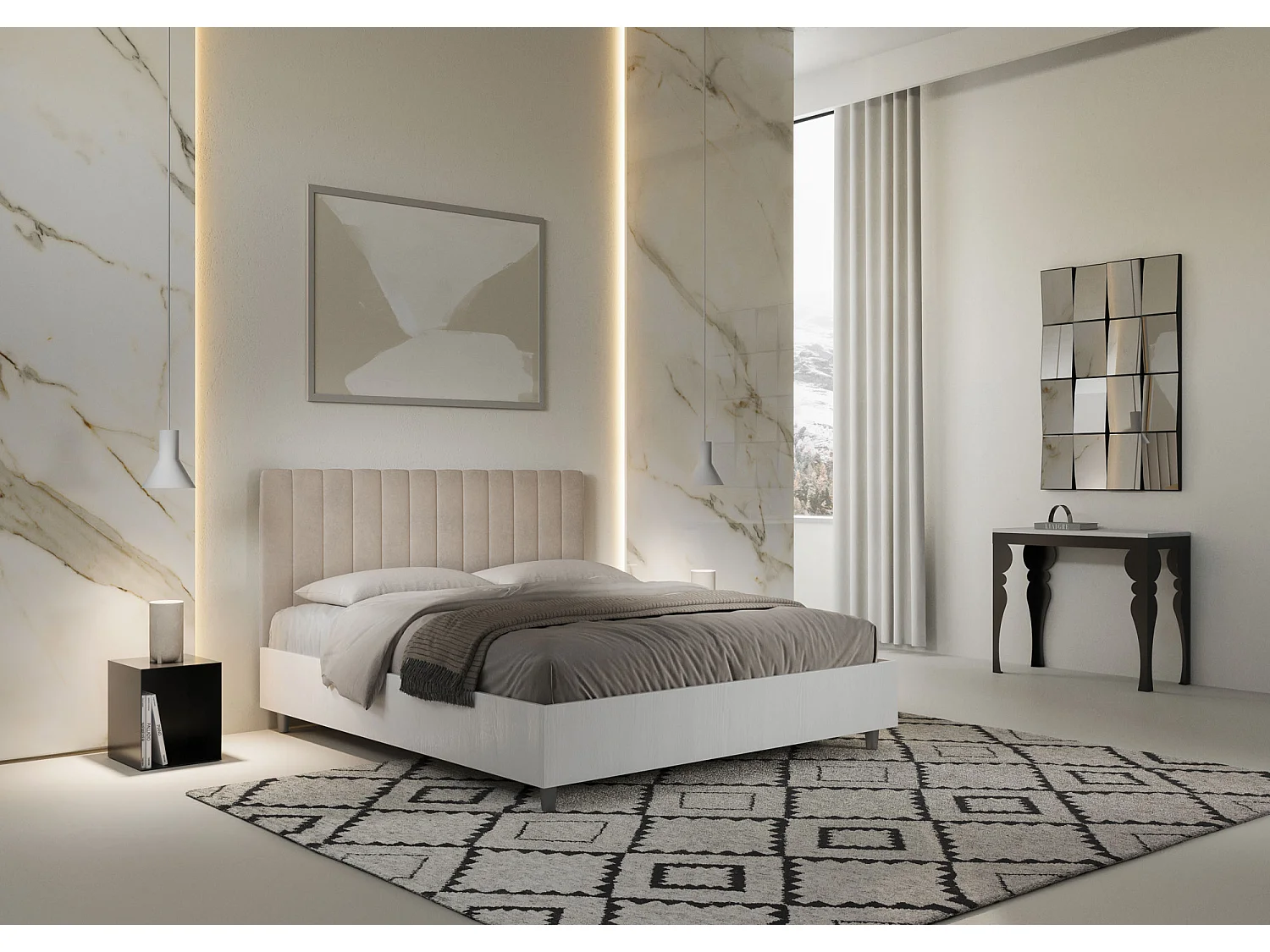 Lit coffre 160x190 structure frêne blanc tête de lit microfibre sable Kaia