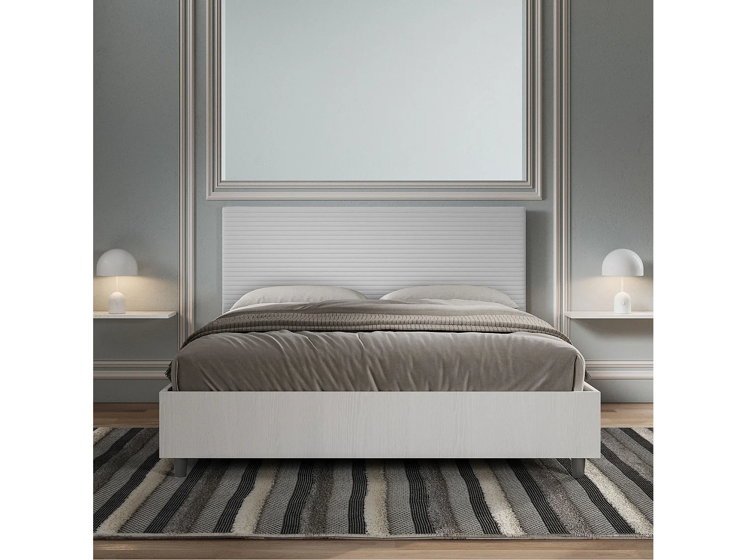 Lit coffre 160x190 structure frêne blanc tête de lit similicuir blanc Level