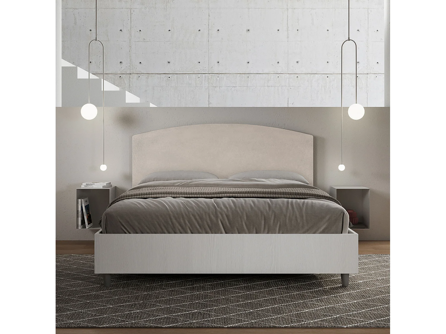 Bett mit Bettkasten 160x200 Bettgestell Esche weiß Bett-Kopfteil mit Mikrofaserbezug Sandfarbe Antilia