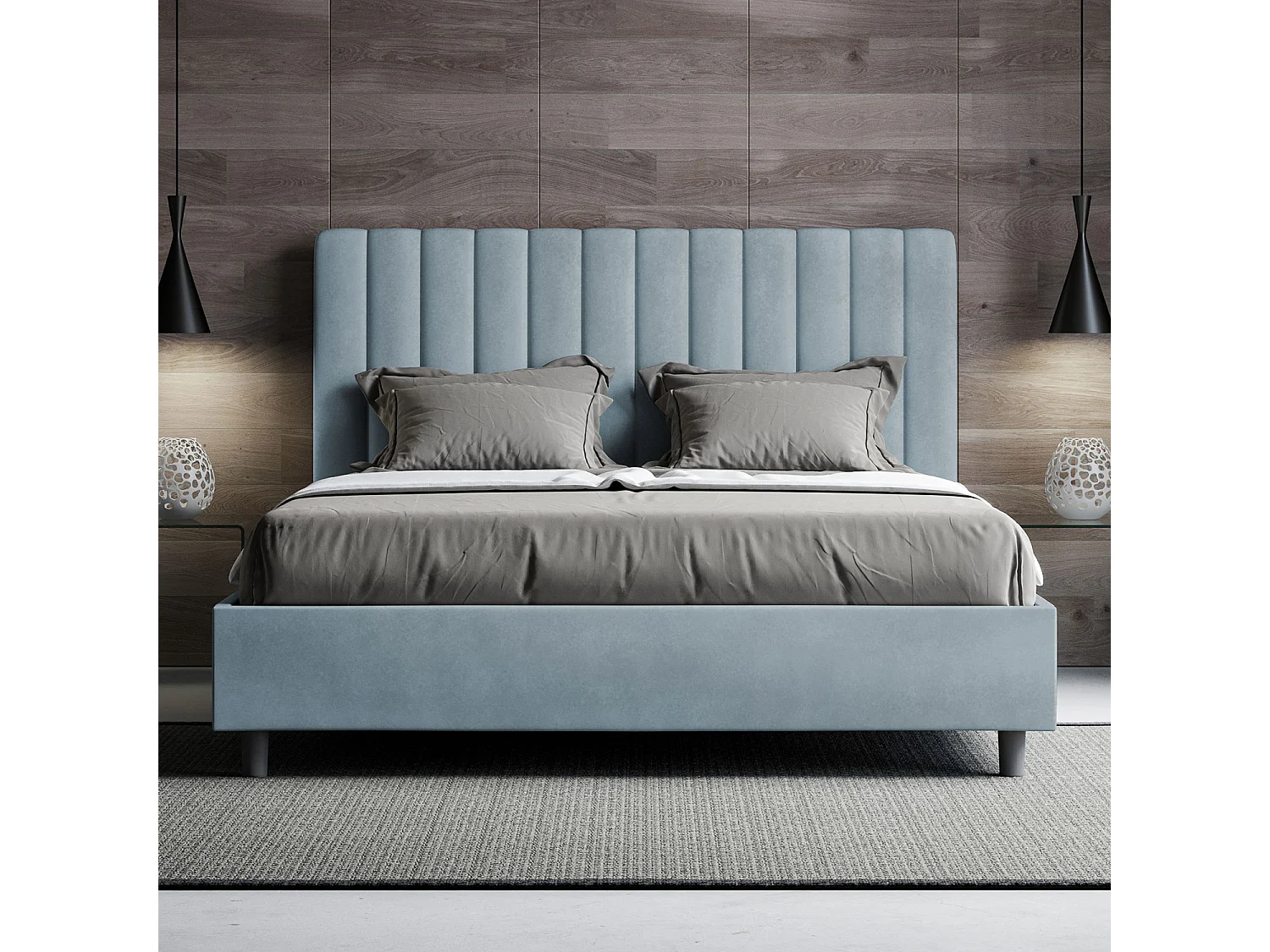 Letto contenitore imbottito 160x190 microfibra azzurro Agueda