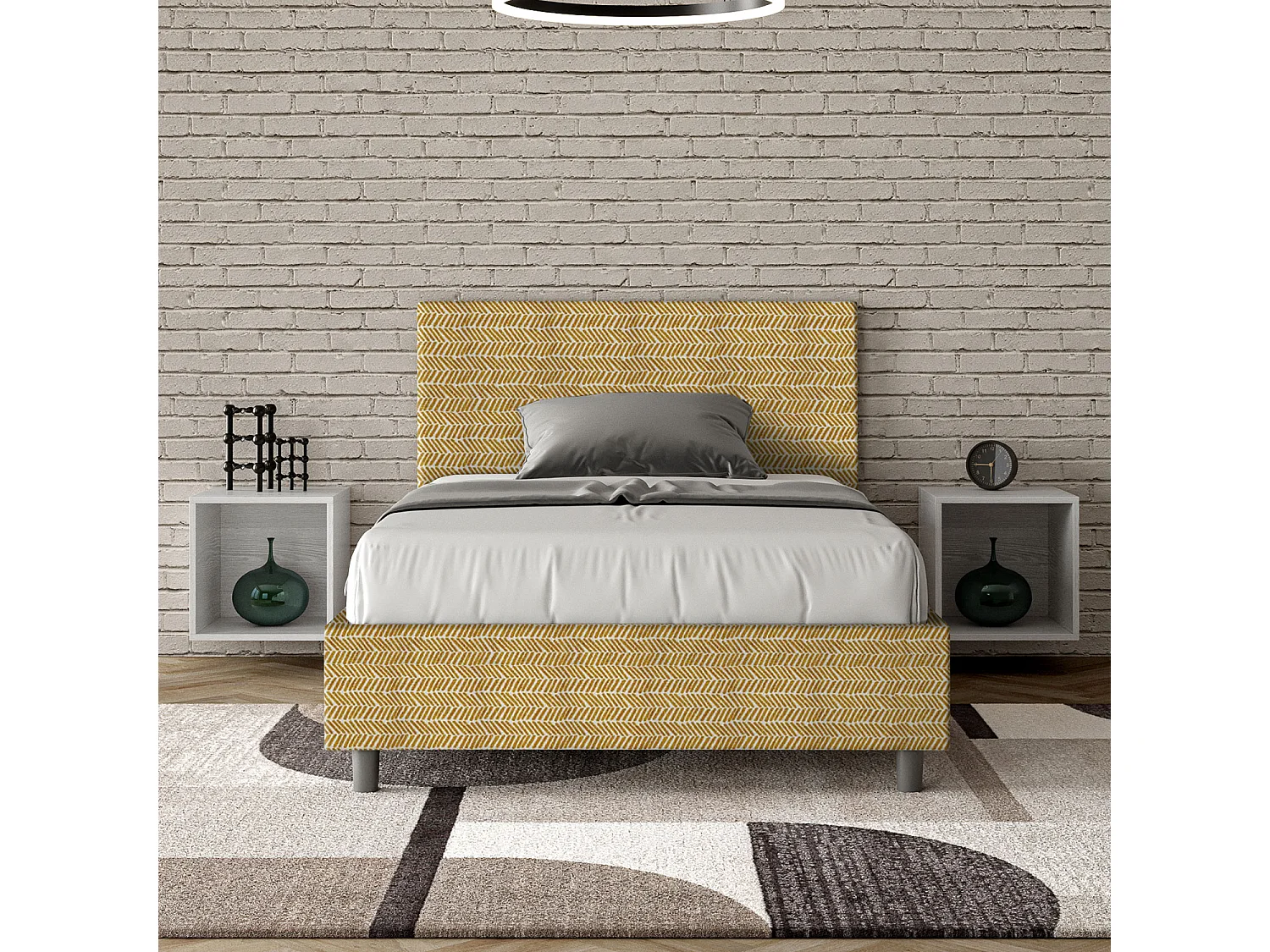 Lit 1 place et demi coffre rembourré 120x210 tissu Aragona 3 jaune Adele
