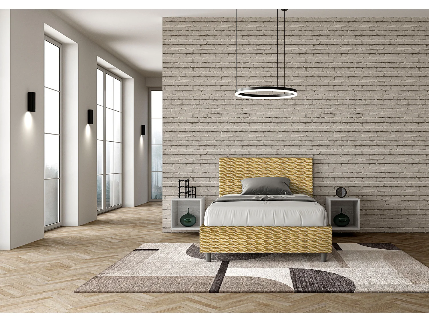 Lit 1 place et demi coffre rembourré 120x210 tissu Aragona 3 jaune Adele