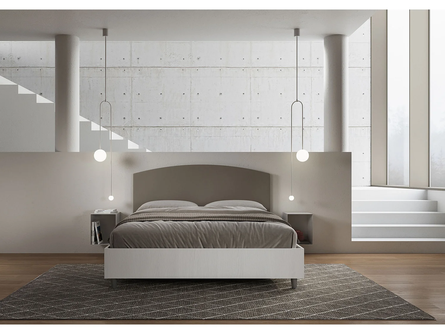 Lit coffre 160x190 structure frêne blanc tête de lit similicuir cappuccino Antilia