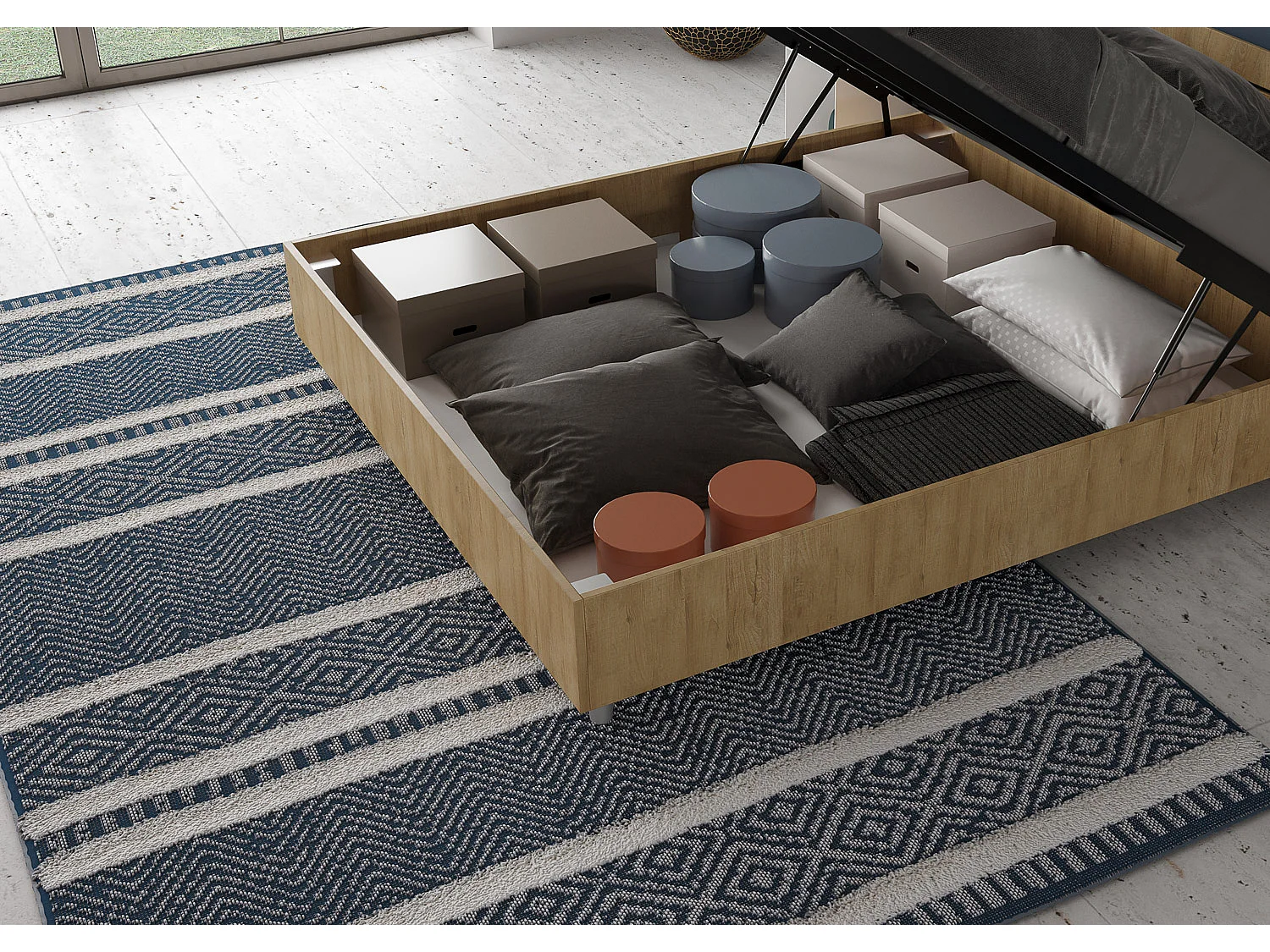 Demas eiken opbergbed 160x200 met schuin hoofdbord