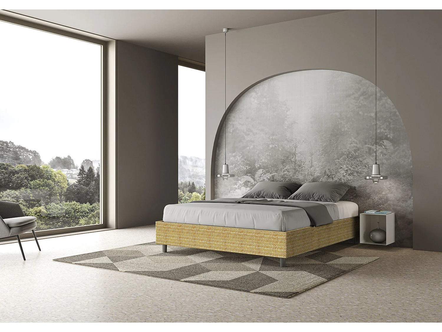 Cama de casal queen size com arrumação estofada sem cabeceira 160x210 tecido Aragona 3 amarelo Azelia