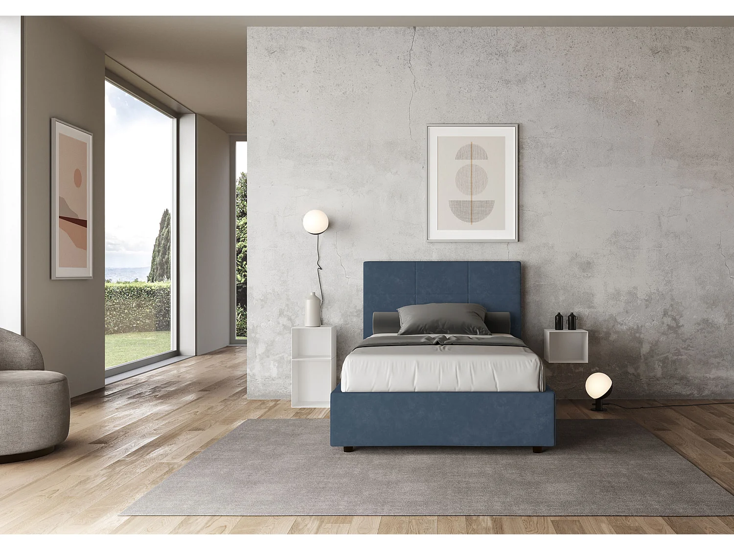Lit 1 place et demi coffre rembourré 120x200 microfibre bleu Mika