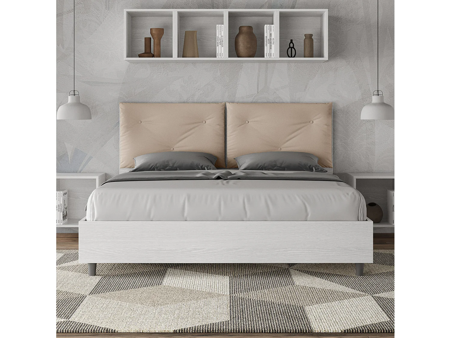 Cama de casal Egos Appia 160x200 em freixo branco com almofadas em couro sintético cinza-pombo