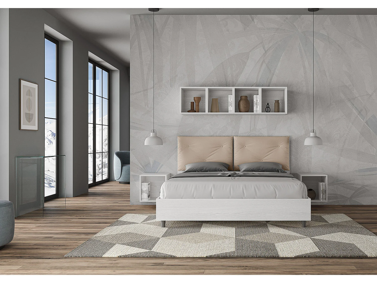 Lit queen size coffre 160x200 frêne blanc coussins similicuir taupe Egos Appia