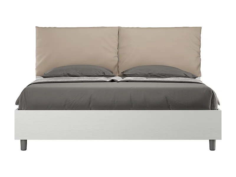 Lit queen size coffre 160x200 frêne blanc coussins similicuir taupe Egos Antea