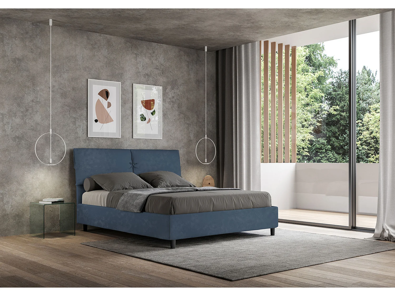 Cama estofada com arrumação 160x210 em microfibra azul Mados