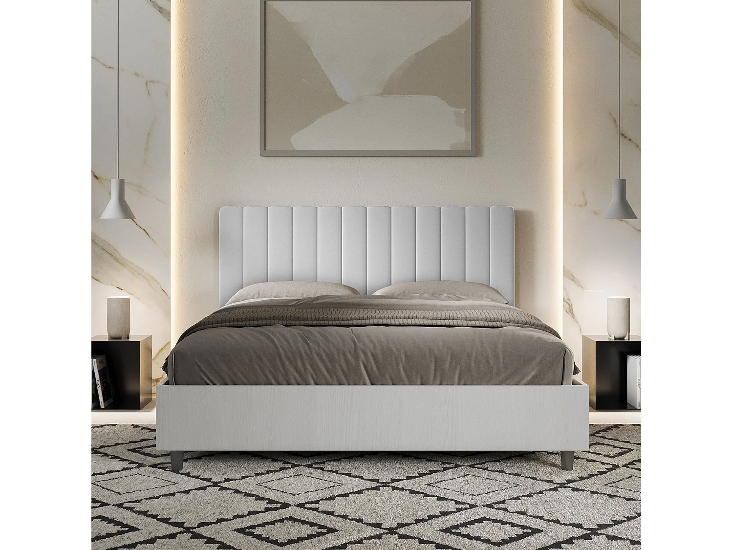 Letto contenitore 160x190 struttura bianco frassino testata Nobilitato/Similpelle bianco Kaia