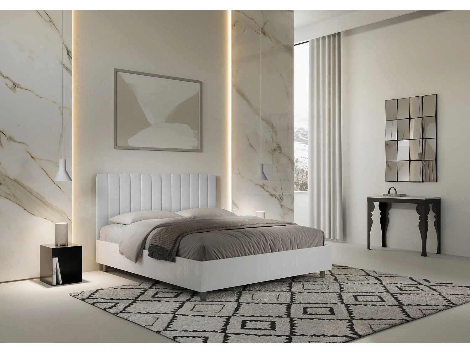 Letto contenitore 160x190 struttura bianco frassino testata Nobilitato/Similpelle bianco Kaia