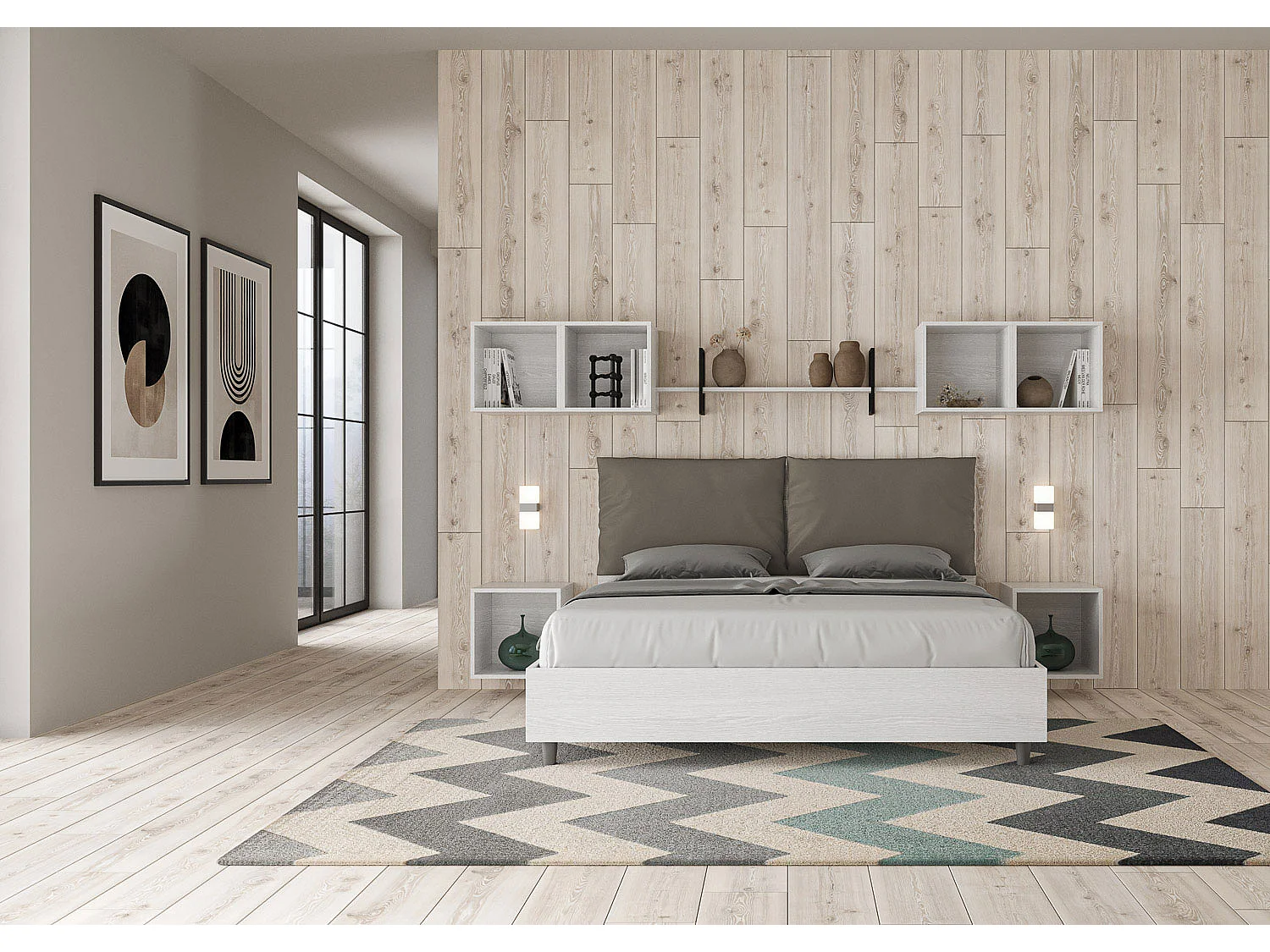 Lit queen size coffre 160x200 frêne blanc coussins similicuir cappuccino Egos Antea