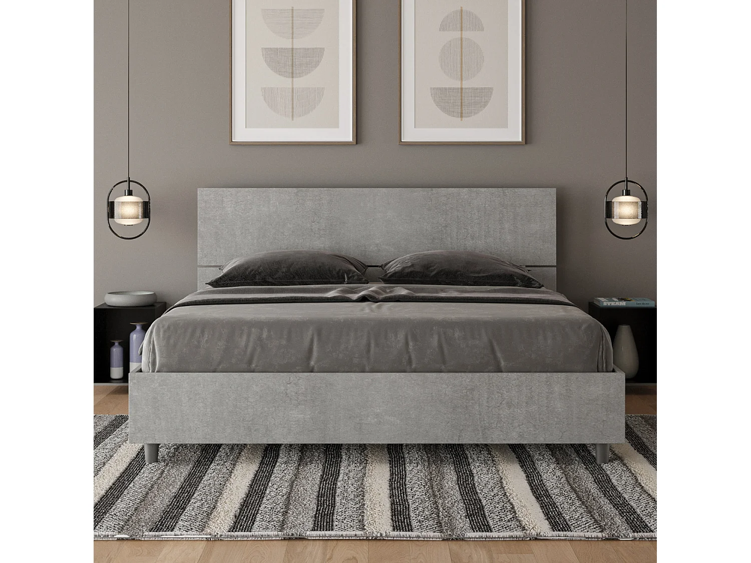 Lit coffre 160x200 tête de lit inclinée gris béton Demas
