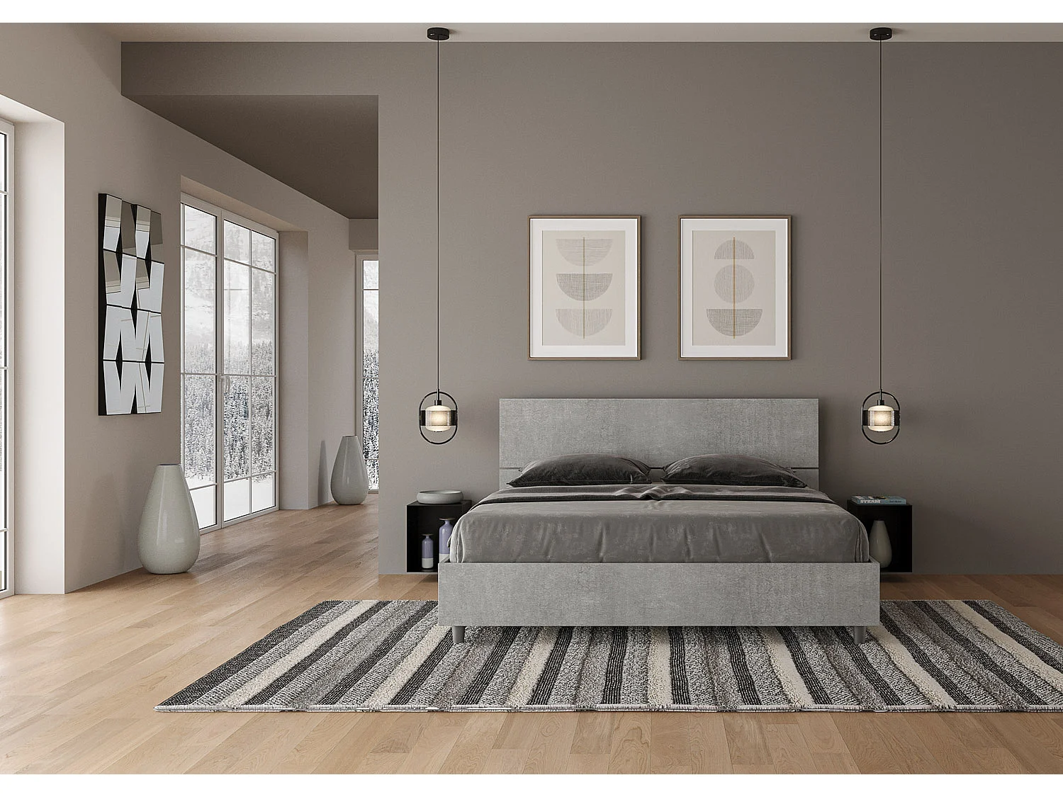Lit coffre 160x200 tête de lit inclinée gris béton Demas