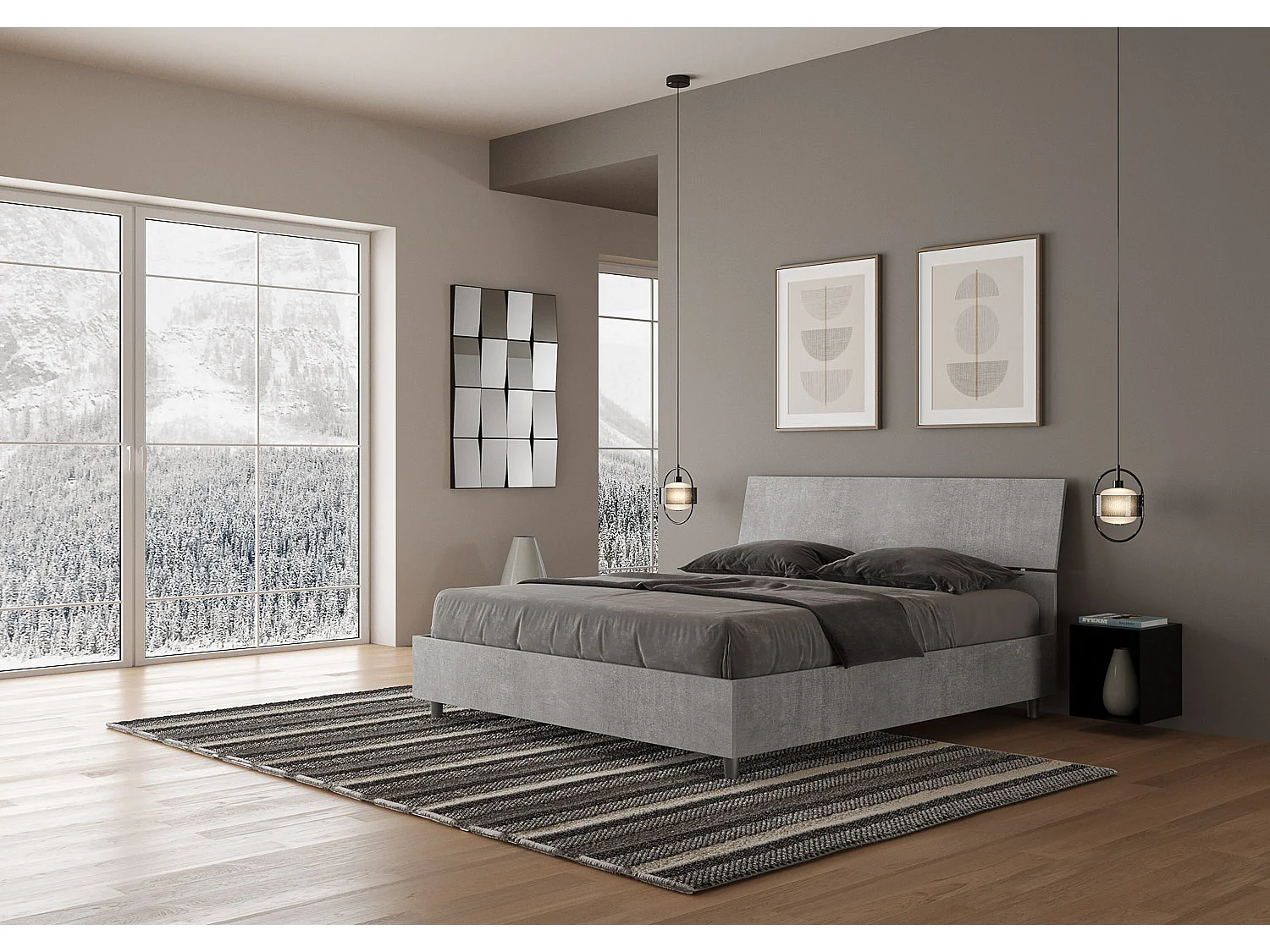 Lit coffre 160x200 tête de lit inclinée gris béton Demas