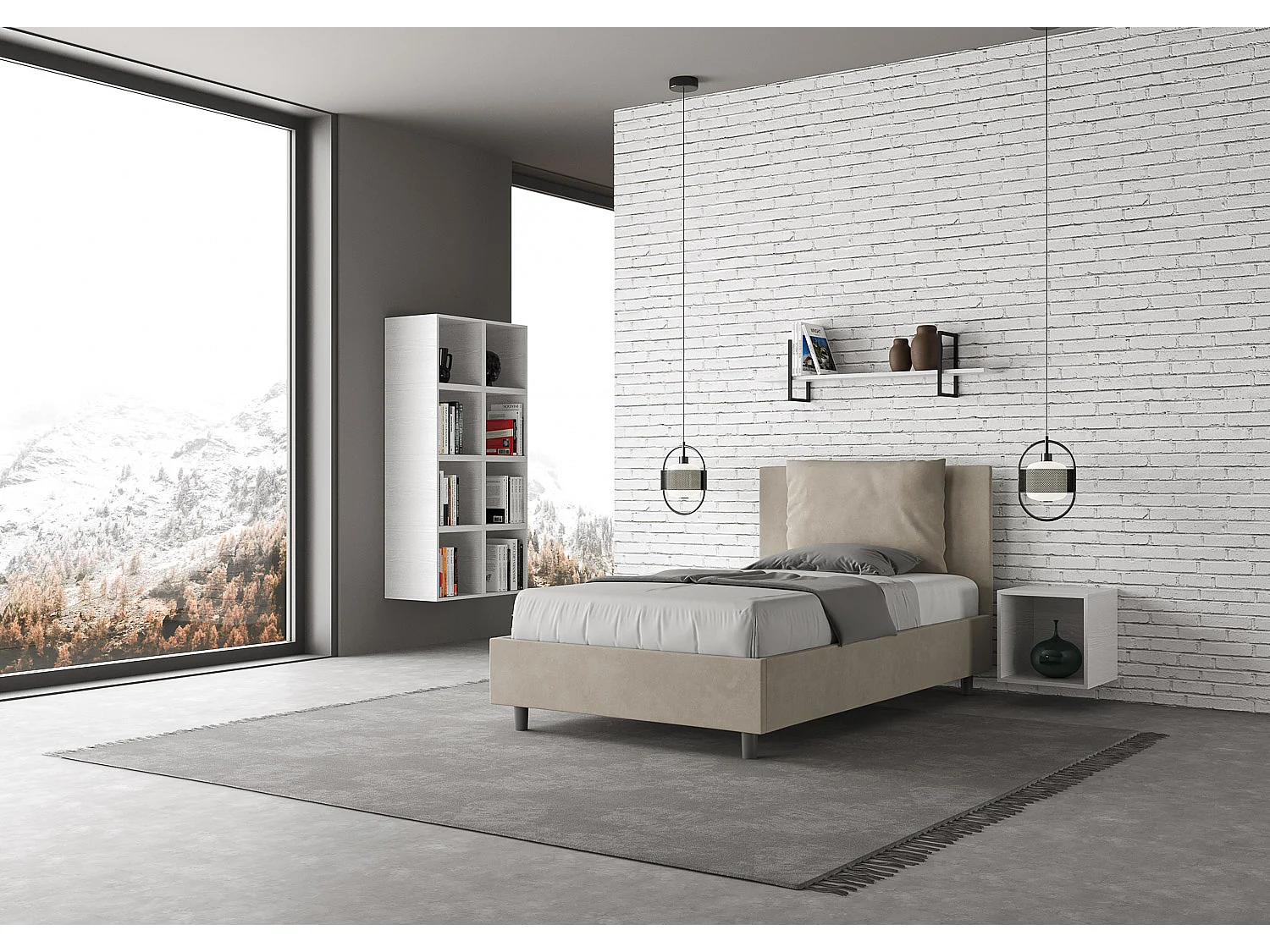 Cama de una plaza y medio con almacenaje acolchada 120x190 microfibra arena Antea