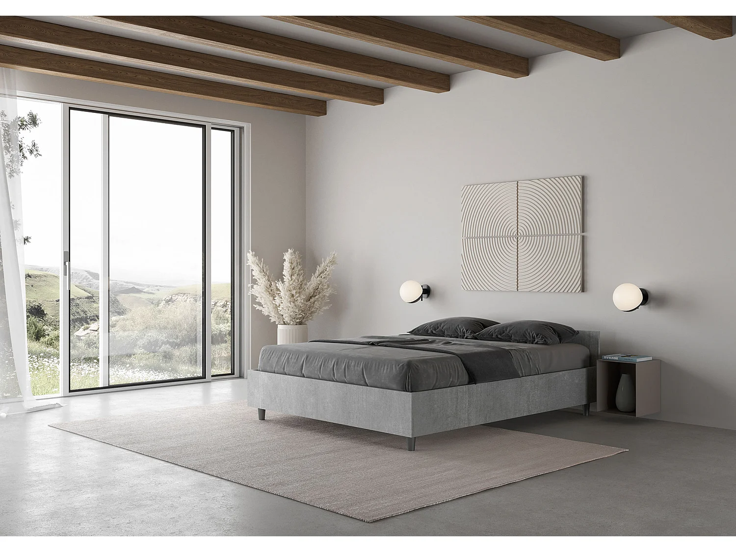 Cama de casal com arrumação 140x200 cimento Nuamo