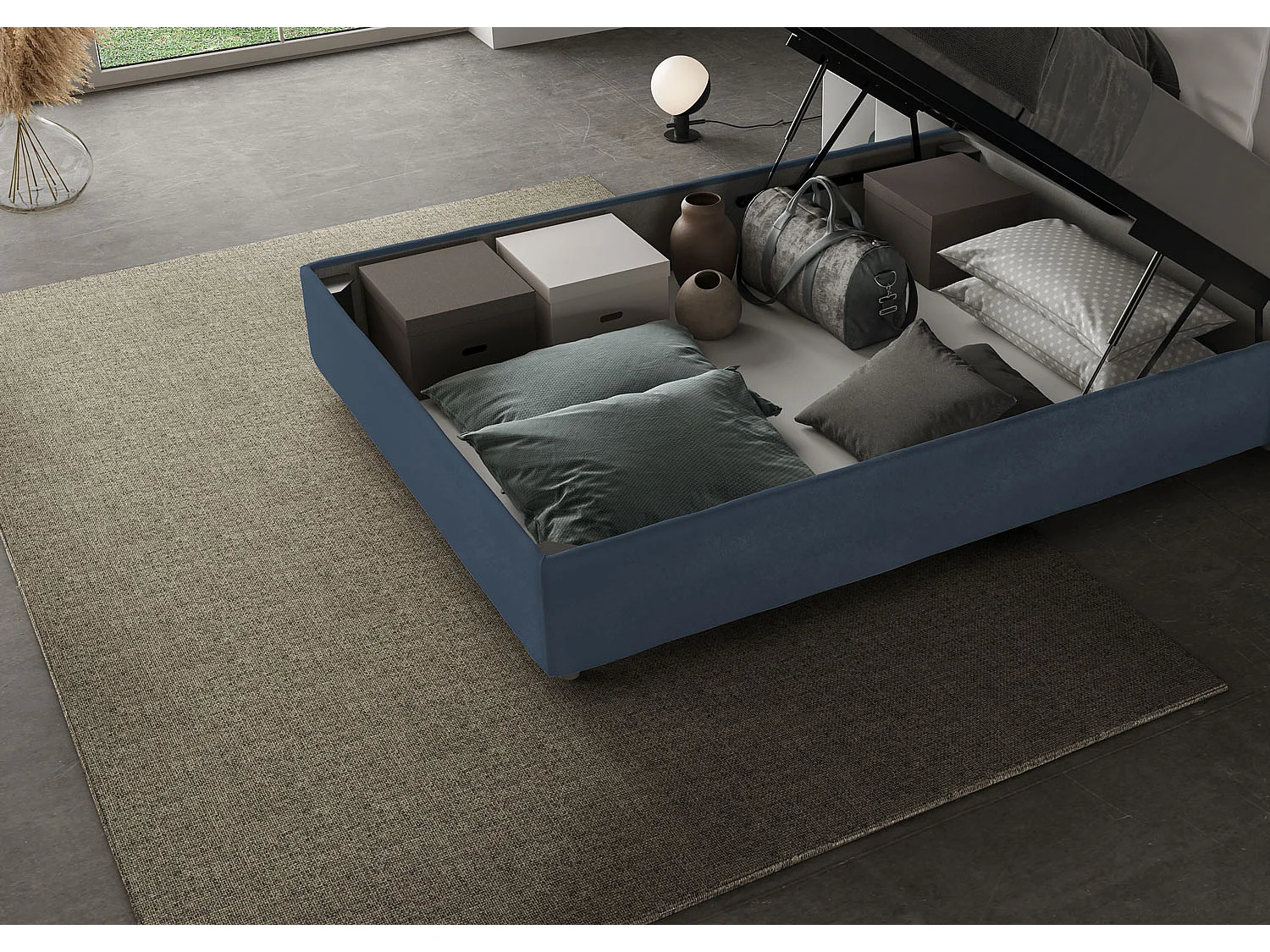 Lit 1 place et demi coffre rembourré 120x200 microfibre bleu Antea