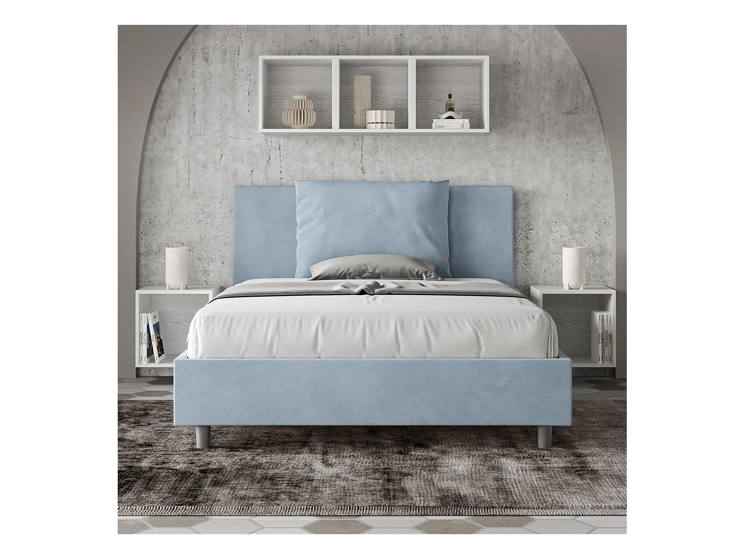 Lit double coffre rembourré 140x190 microfibre bleu clair Antea