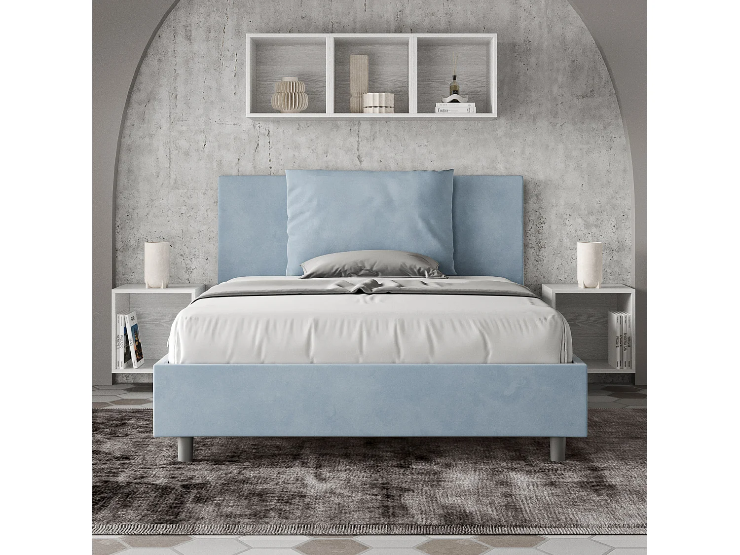 Letto matrimoniale francese contenitore imbottito 140x190 microfibra azzurro Antea