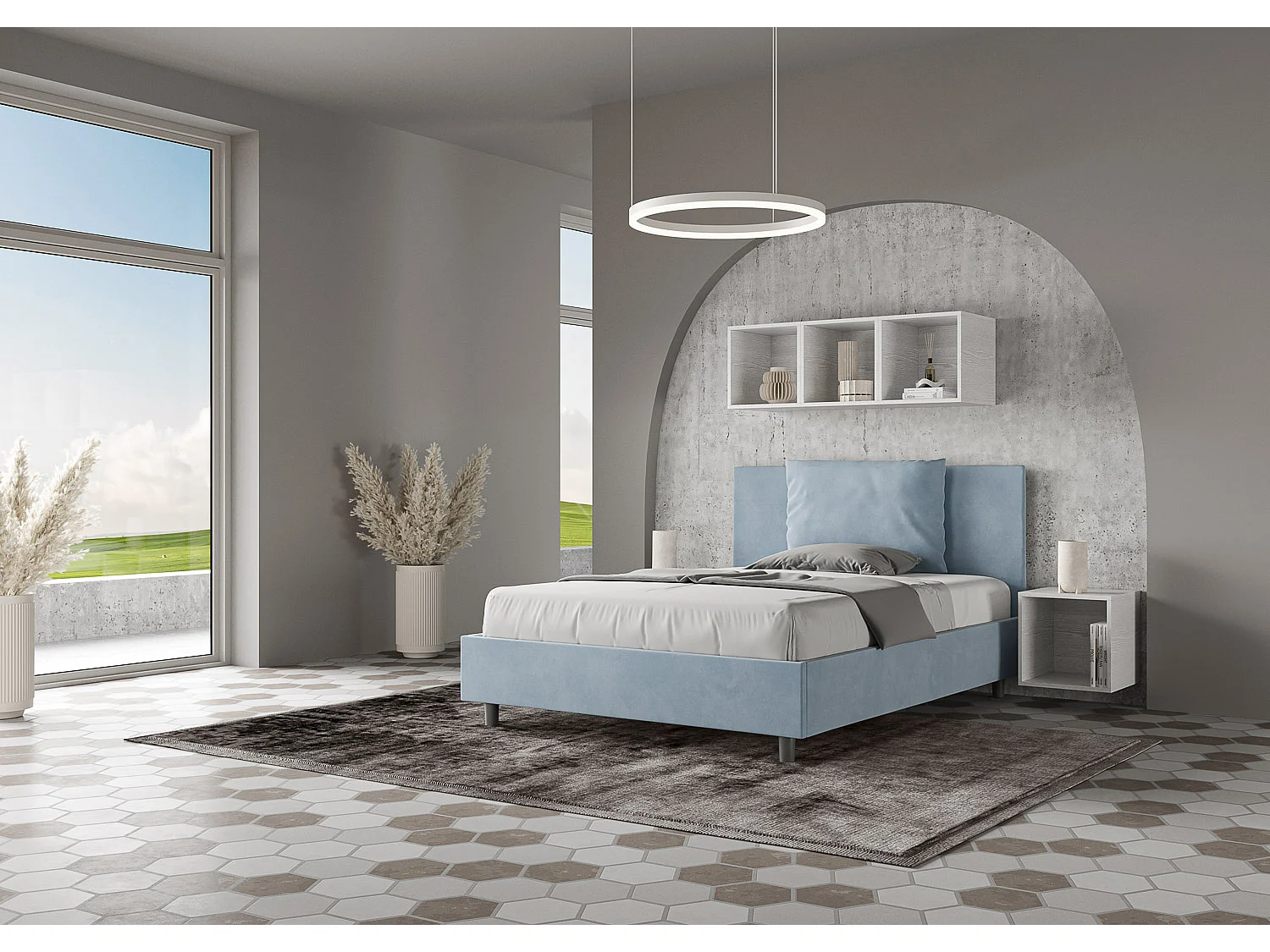 Letto matrimoniale francese contenitore imbottito 140x190 microfibra azzurro Antea