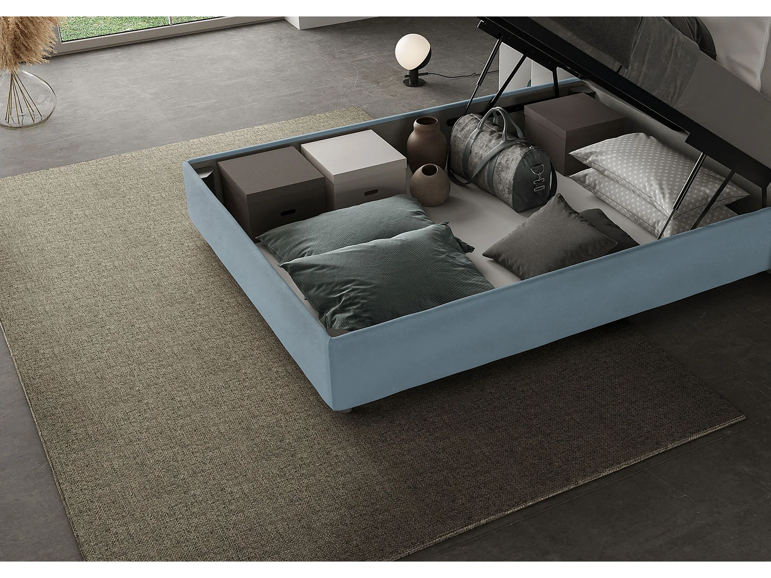Letto matrimoniale francese contenitore imbottito 140x190 microfibra azzurro Antea