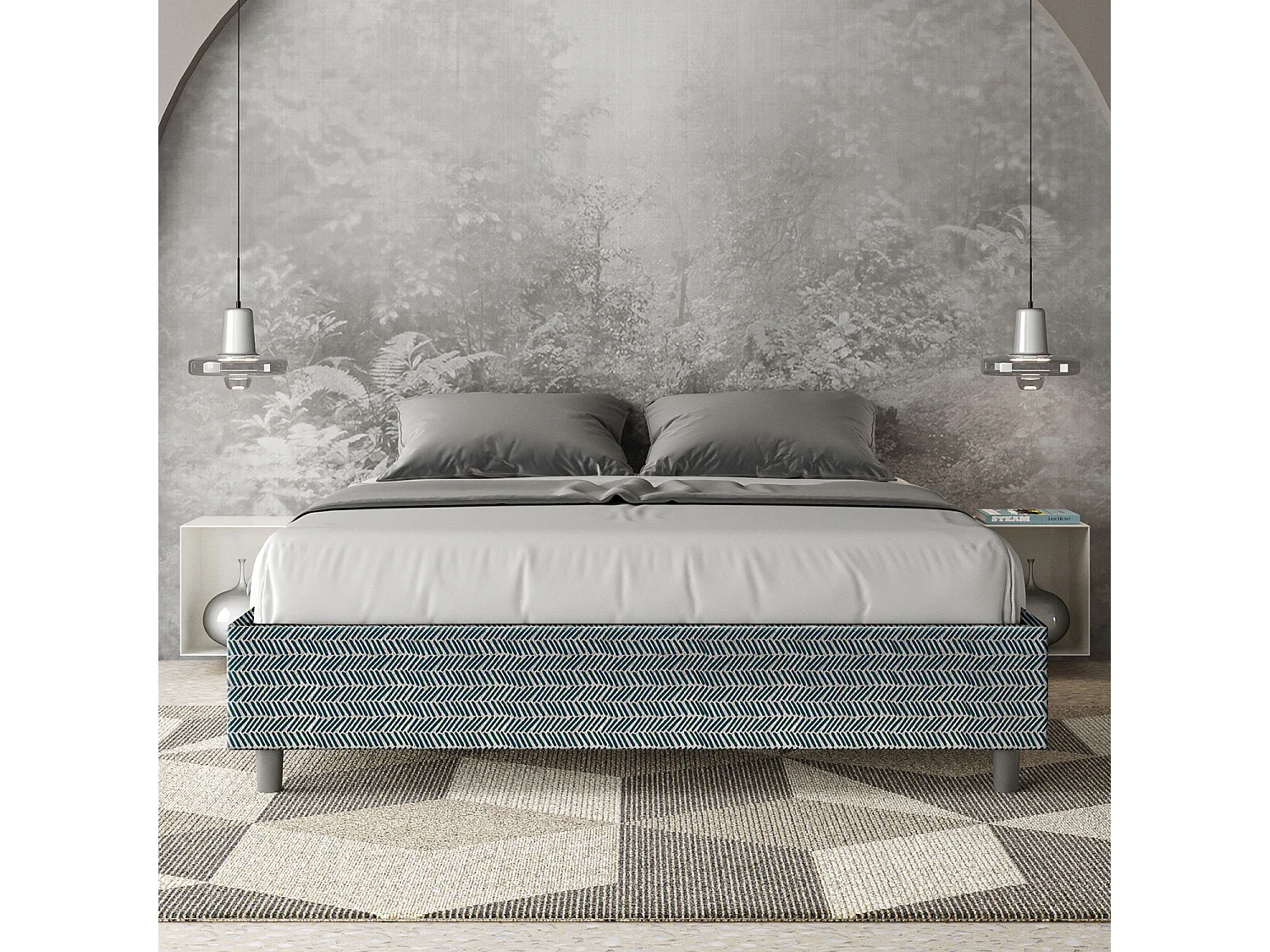 Lit coffre rembourré 160x200 tissu Aragona 8 bleu Azelia