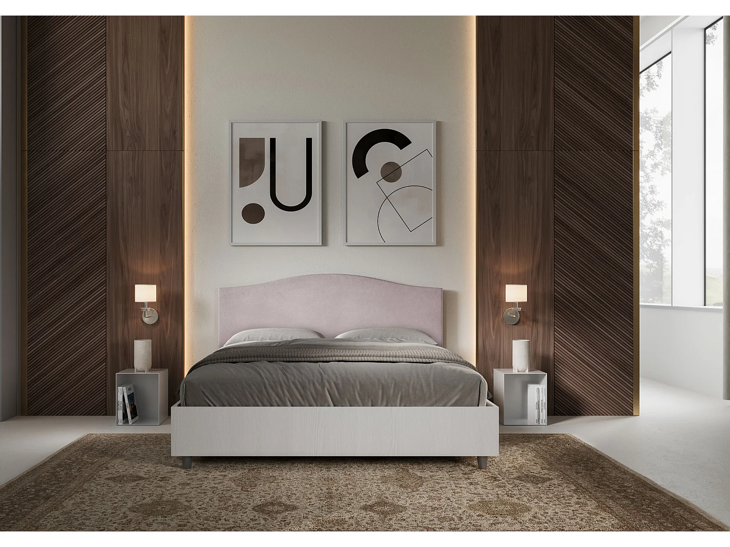 Cama contenedor 160x190 estructura fresno blanco con cabecero microfibra melamina/glicina Grace
