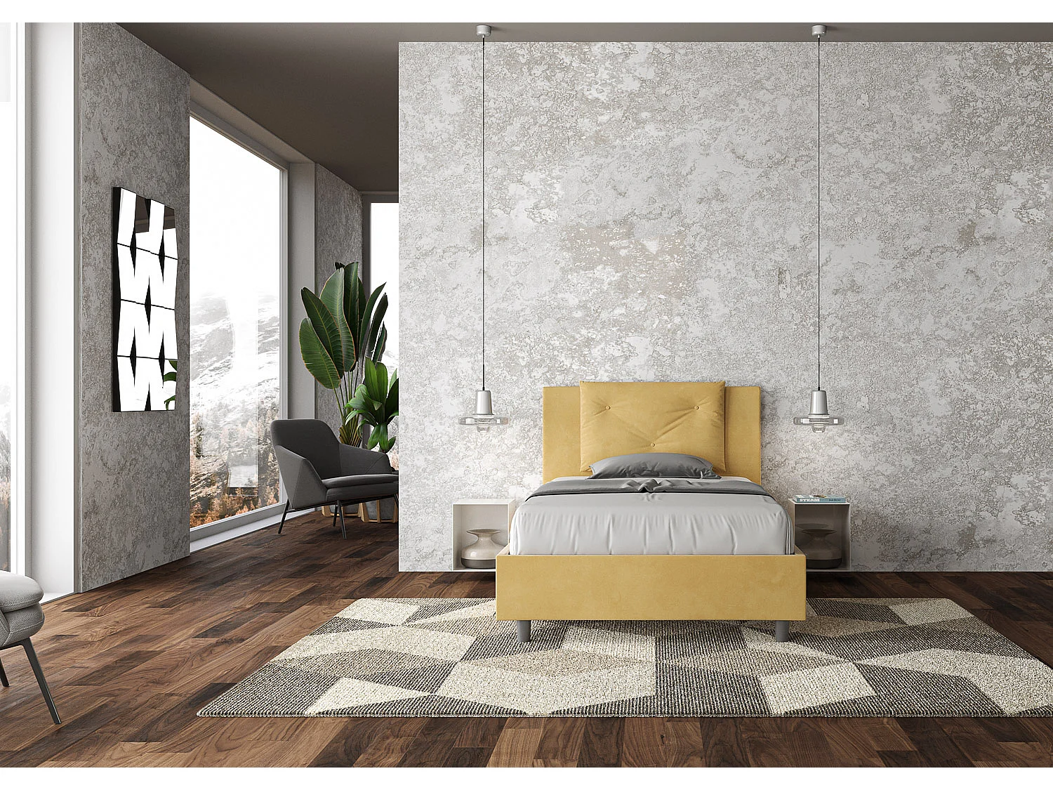 Lit 1 place et demi coffre rembourré 120x210 microfibre ocre Appia