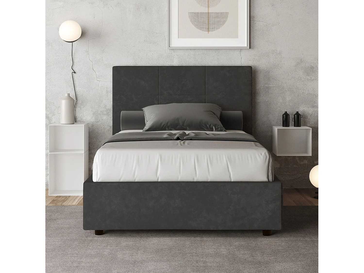 Cama de una plaza y medio con almacenaje acolchada 120x190 microfibra gris Mika