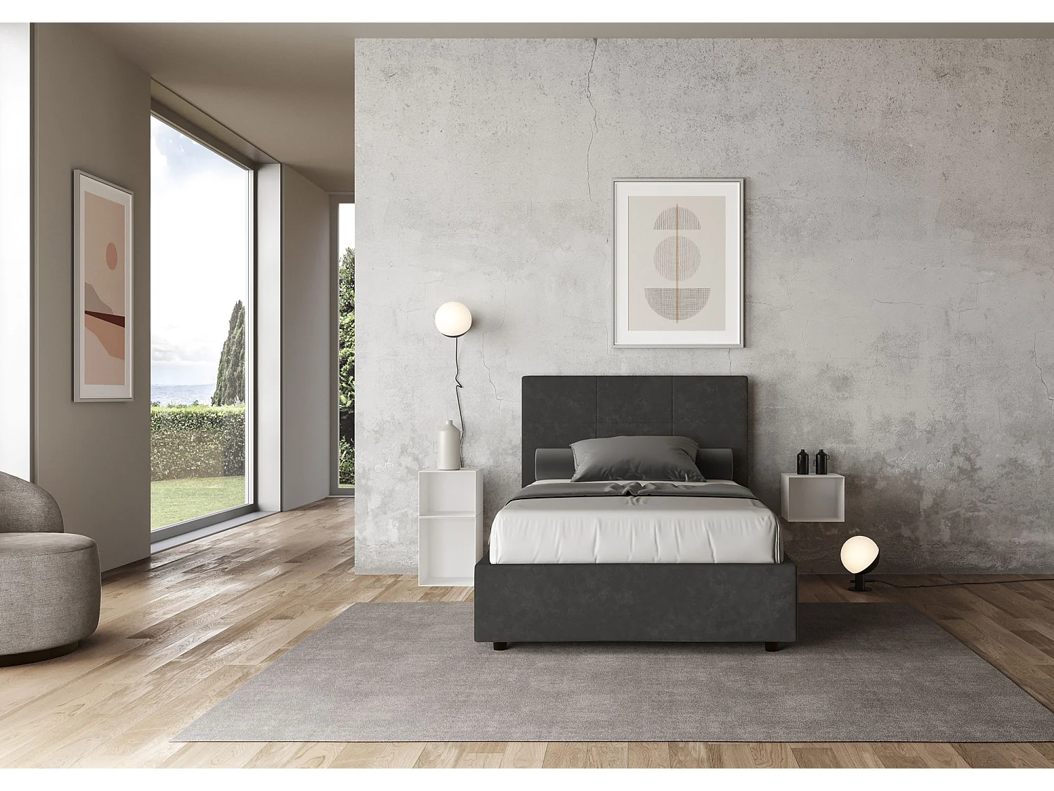 Cama de una plaza y medio con almacenaje acolchada 120x190 microfibra gris Mika