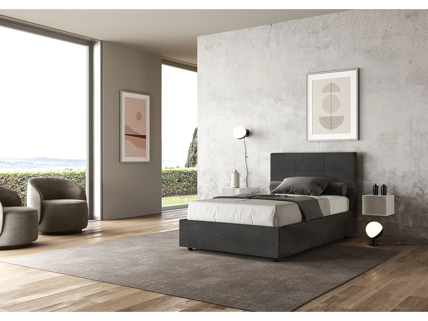 Cama de una plaza y medio con almacenaje acolchada 120x190 microfibra gris Mika