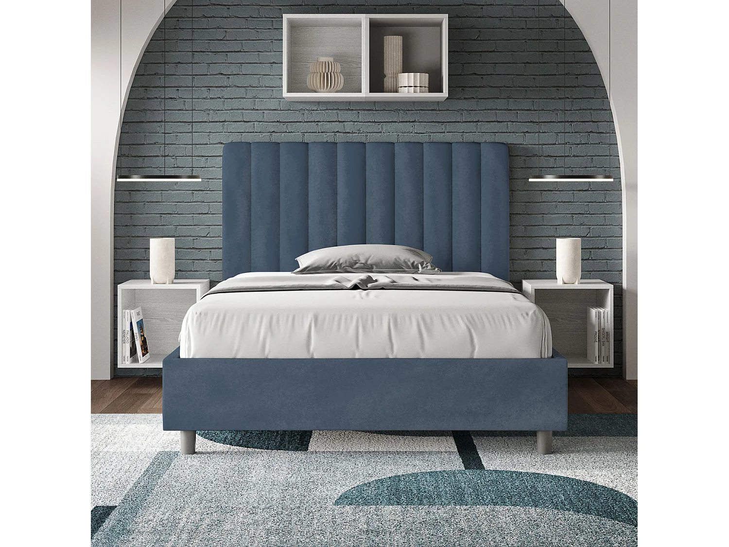 Lit 1 place et demi coffre rembourré 120x200 microfibre bleu Agueda